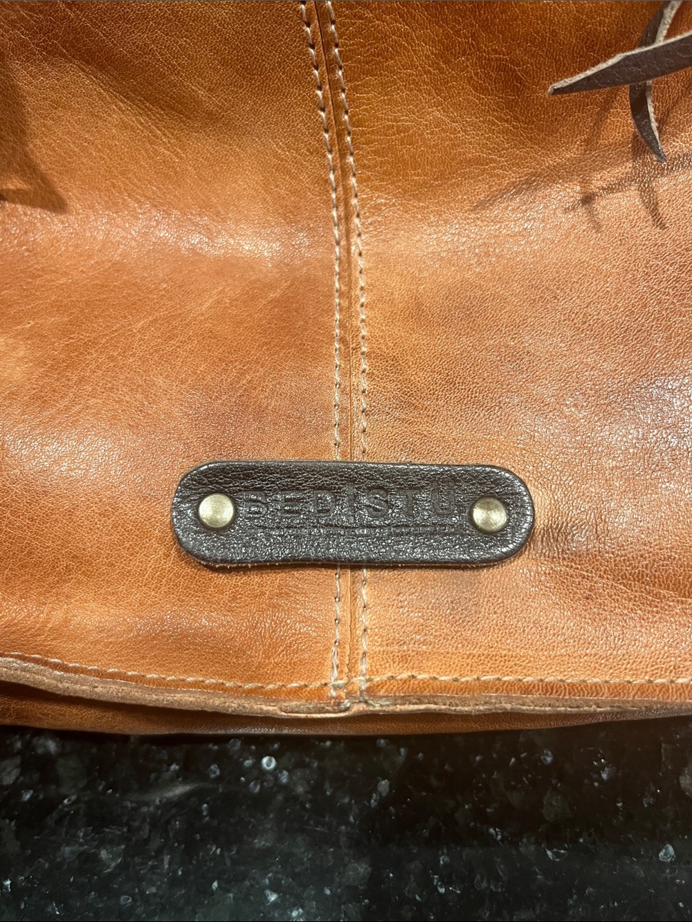 Bed Stu Cognac Leather Shoulder Bag with Dark Brown Trim. Style Greenway. - Picture 3 of 7
